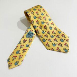 Vintage Hermes Flower Gardening Can 100% Silk Necktie Pastel Yellow 3.5"